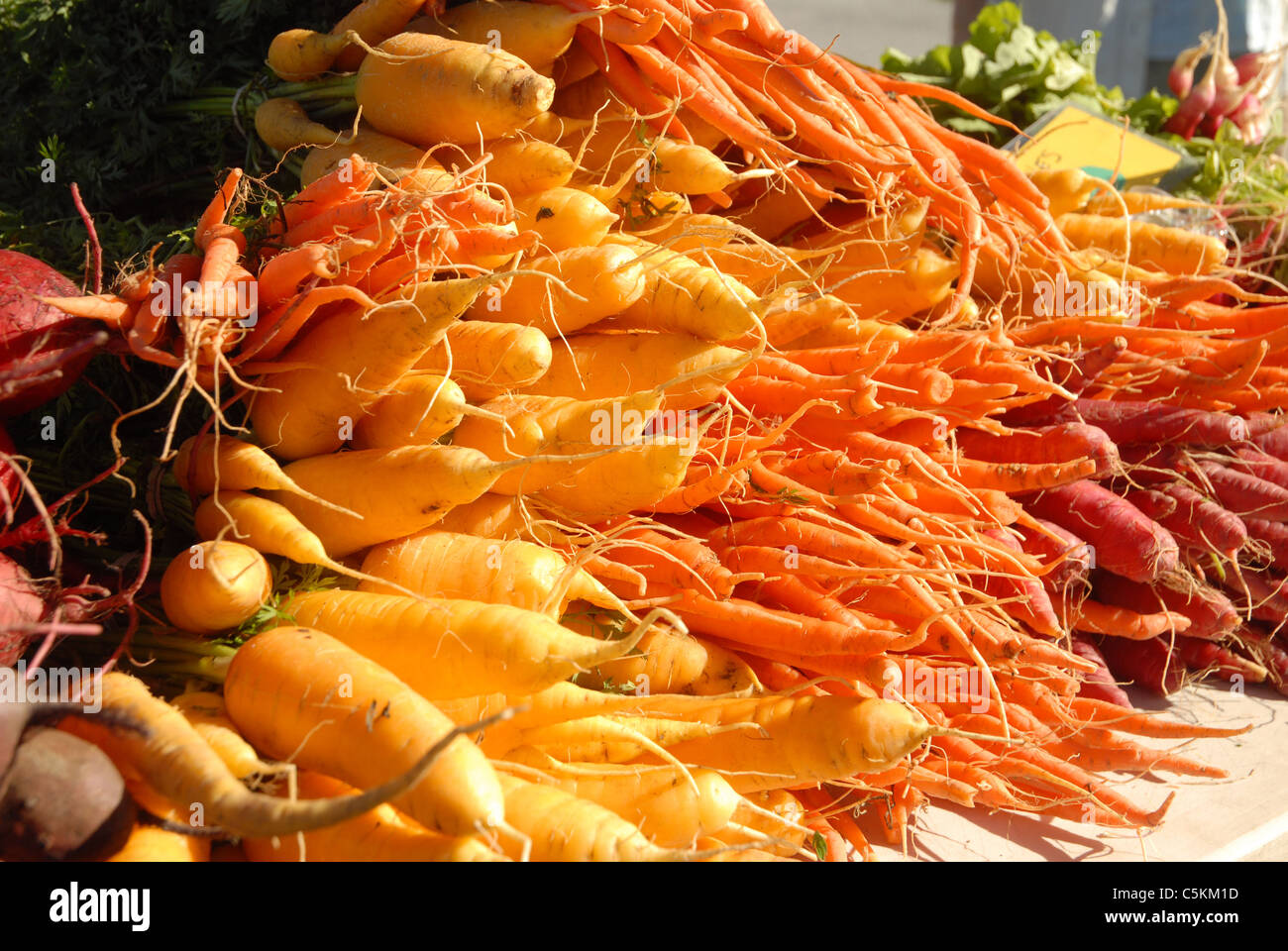 Locally grown vegetables are spread ready for picking at the farmers’ market in Waitsfield