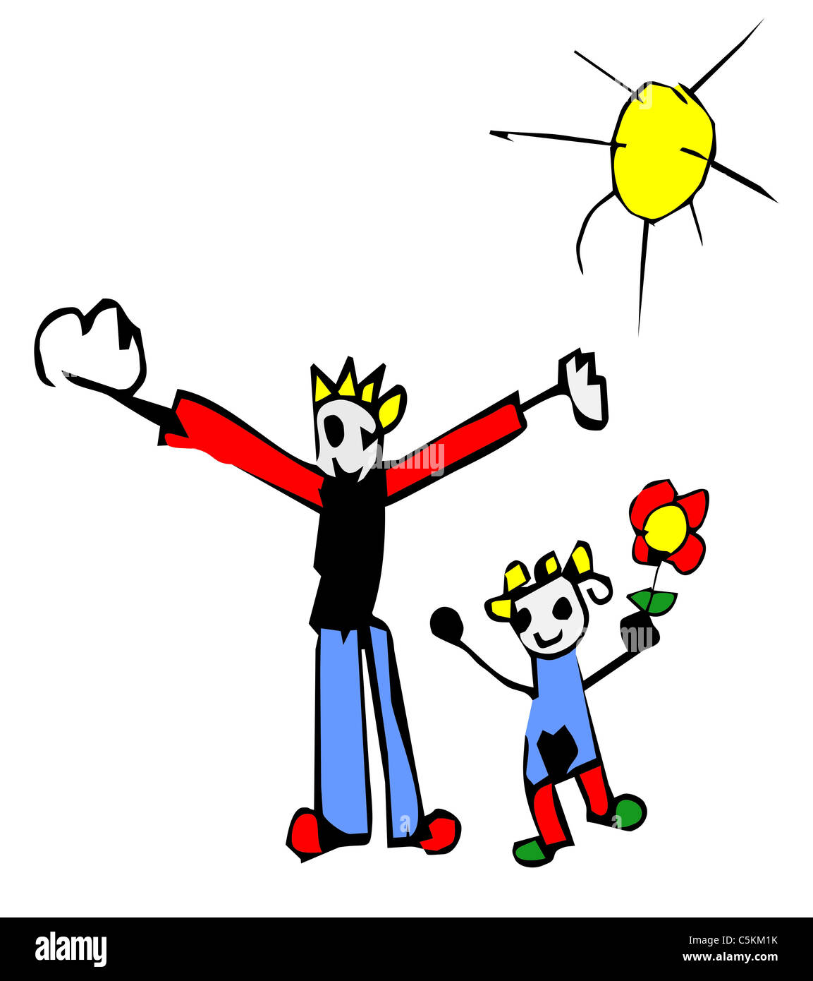 Child hand drawn illustration of father and daughter with a flower in her hand in a sunny day. Stock Photo