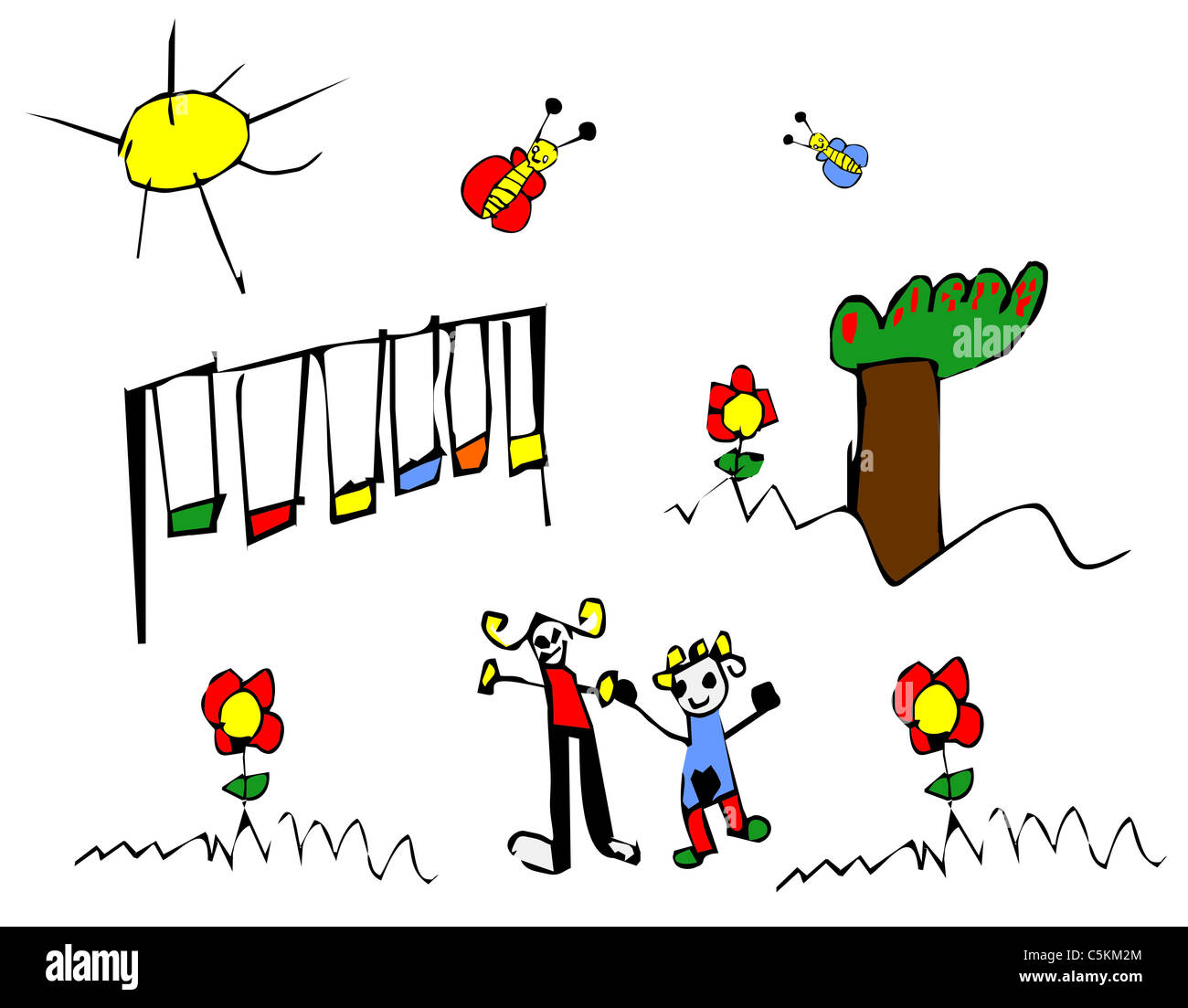 Child hand drawn illustration of children spring time outdoors activities. Stock Photo