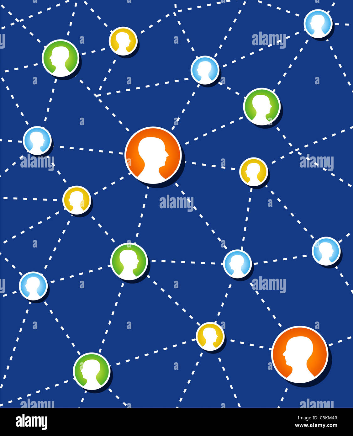 Web social relationship diagram showing human head silhouettes connected by colorful circles. Stock Photo
