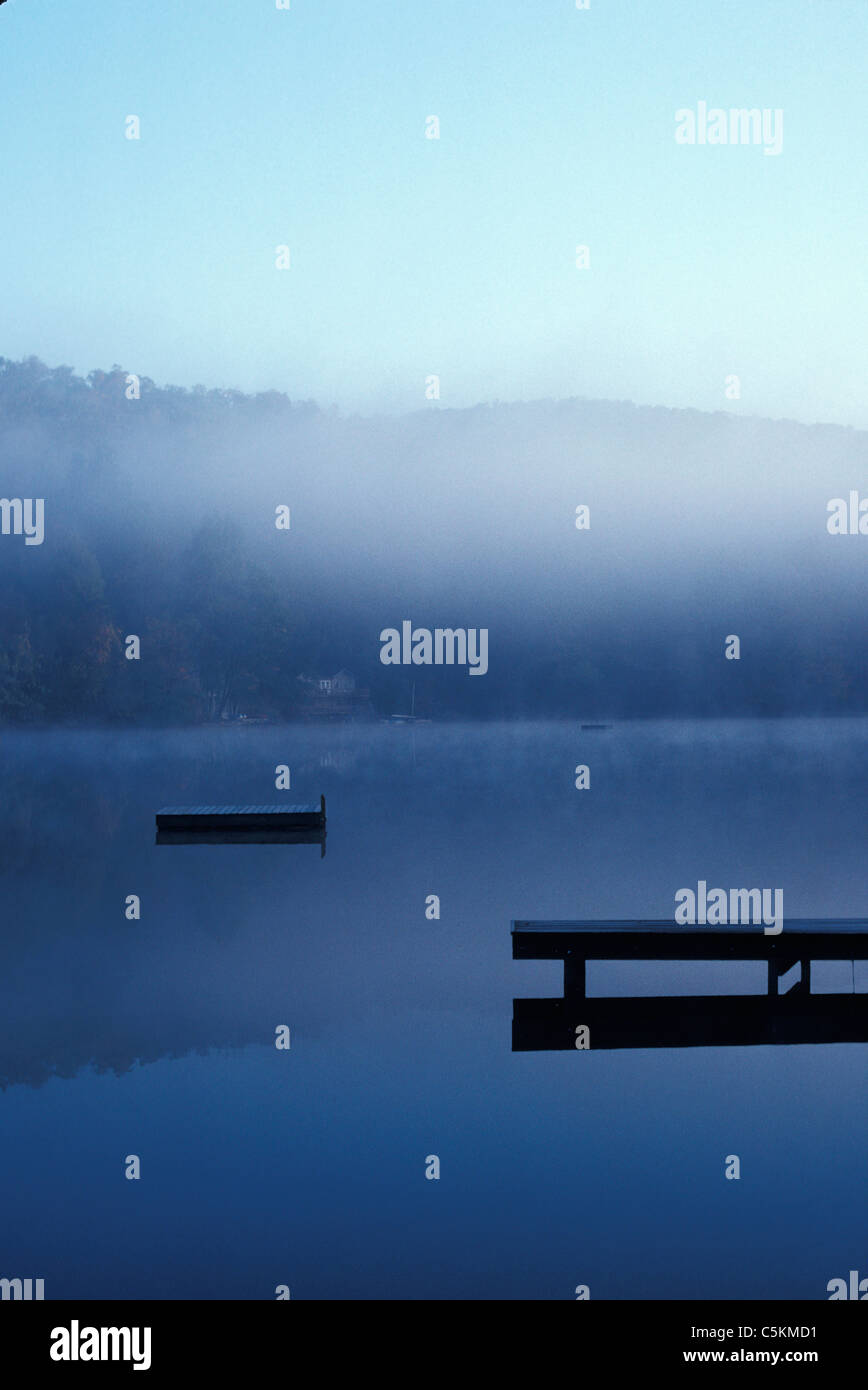 Dock and morning mist, CT Stock Photo
