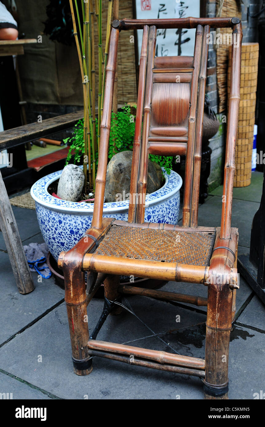 A traditional style chair made of bamboo. Chengdu, Sichuan, China. Stock Photo
