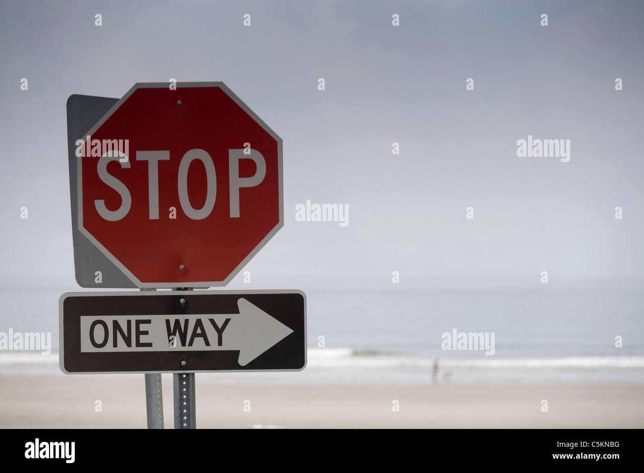 Stop! Scarborough Beach traffic, Cape Elizabeth, ME Stock Photo