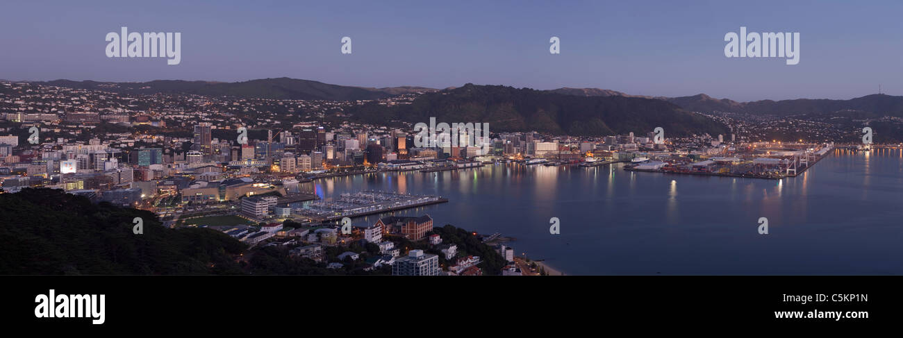 Panorama from Mount Victoria of Wellington City and Harbour at dawn, New Zealand Stock Photo