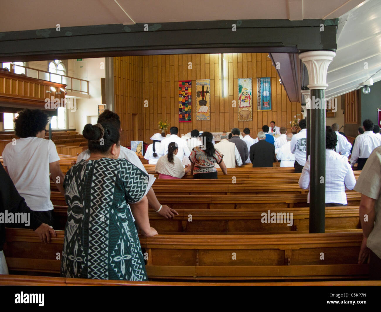Pacific Island people attending Wesley Methodist Church, Taranaki Street, Wellington, New Zealand Stock Photo