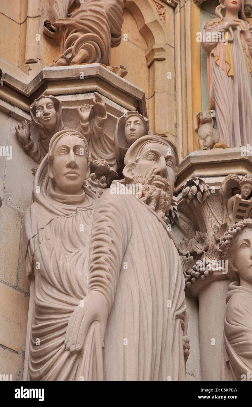 The entrance, Sculptures, Frieze and statues of Cathedral of Saint John the Divine, Manhattan New York. Stock Photo