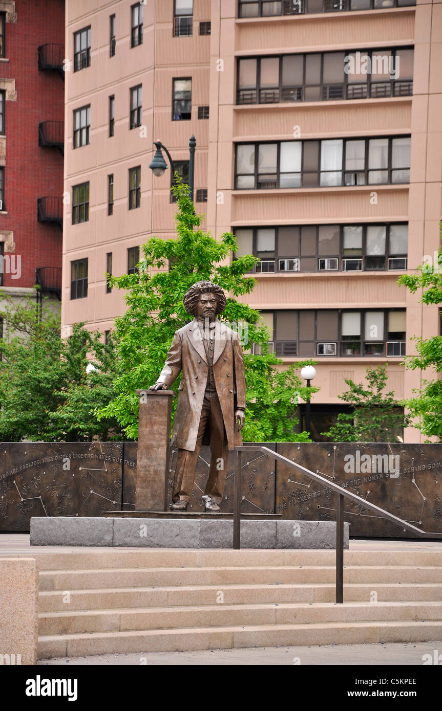 The bronze statue of abolitionist Frederick Douglass, in Frederick Douglass Circle, New York City. Stock Photo