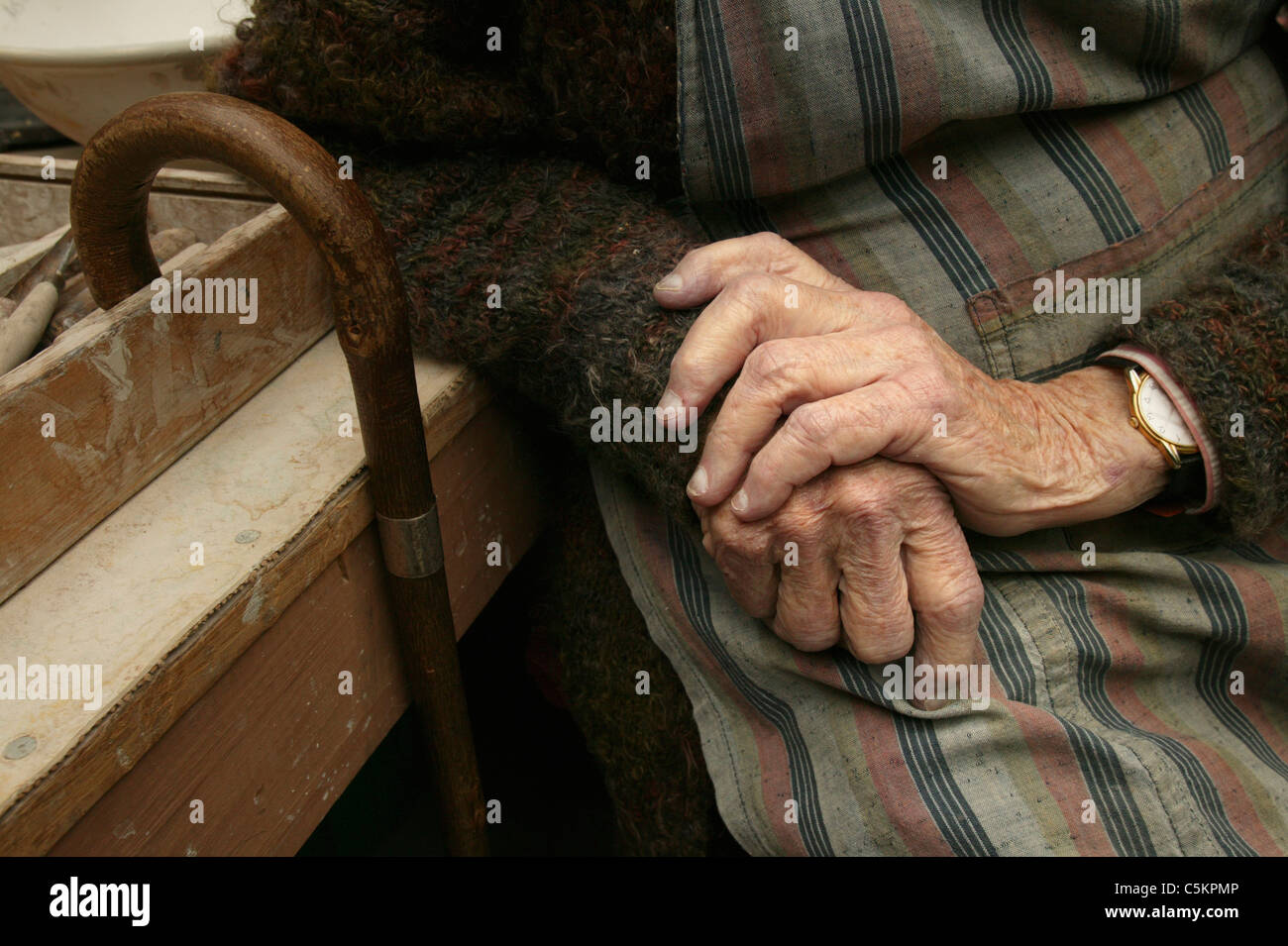 Hands and walking stick of wellknown New Zealand ceramic artist Doreen Blumhardt (90 Stock