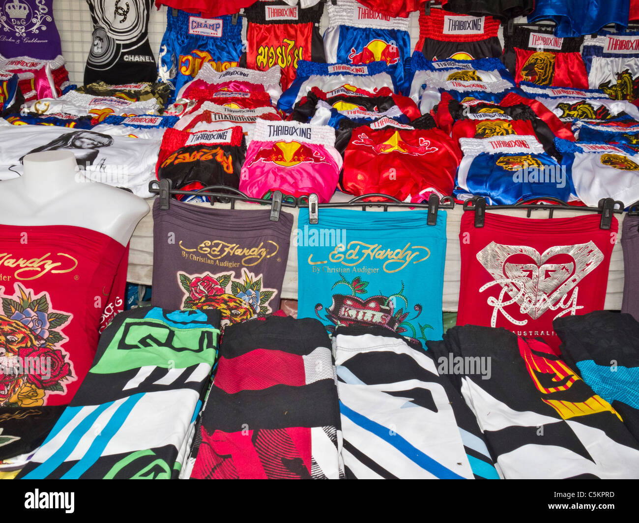 Thai boxing clothing for sale in market Stock Photo