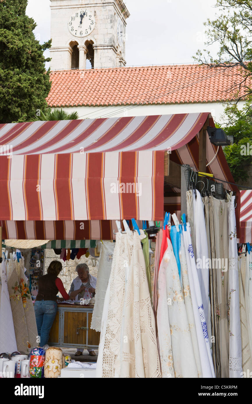 Artist's booths with beautiful hand embroidered linens from the Konvale area.  Cavtat, Croatia Stock Photo