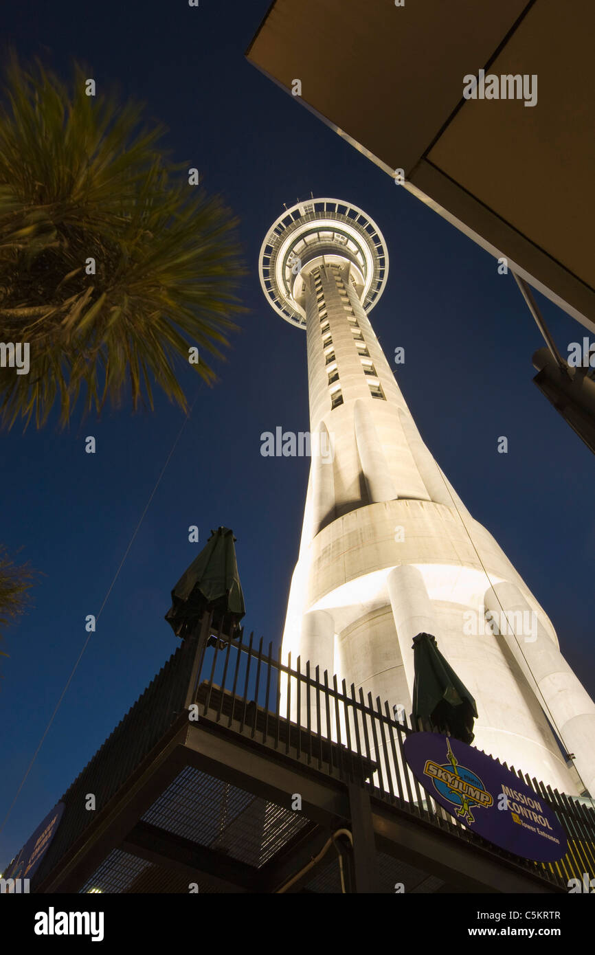Skytower needle in downtown Auckland, New Zealand in dusk light Stock