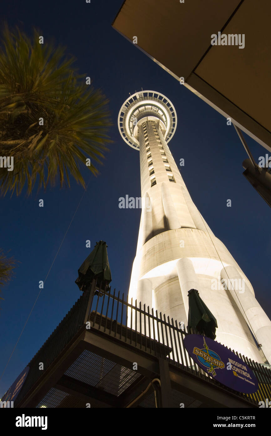 Skytower needle in downtown Auckland, New Zealand in dusk light. Stock Photo