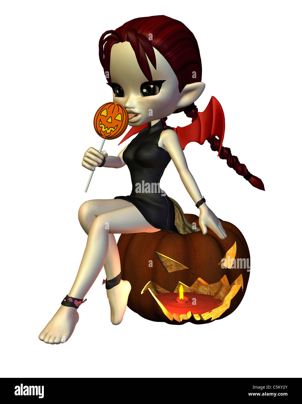 Cute Toon Halloween Devil with Lollipop and Pumpkin Stock Photo