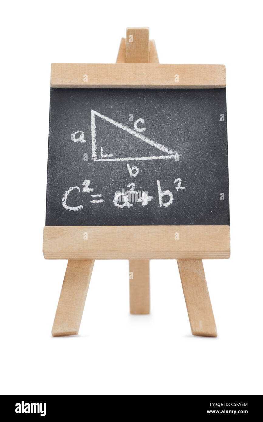 Chalkboard with a mathematical formula and a geomerical figure written on it Stock Photo