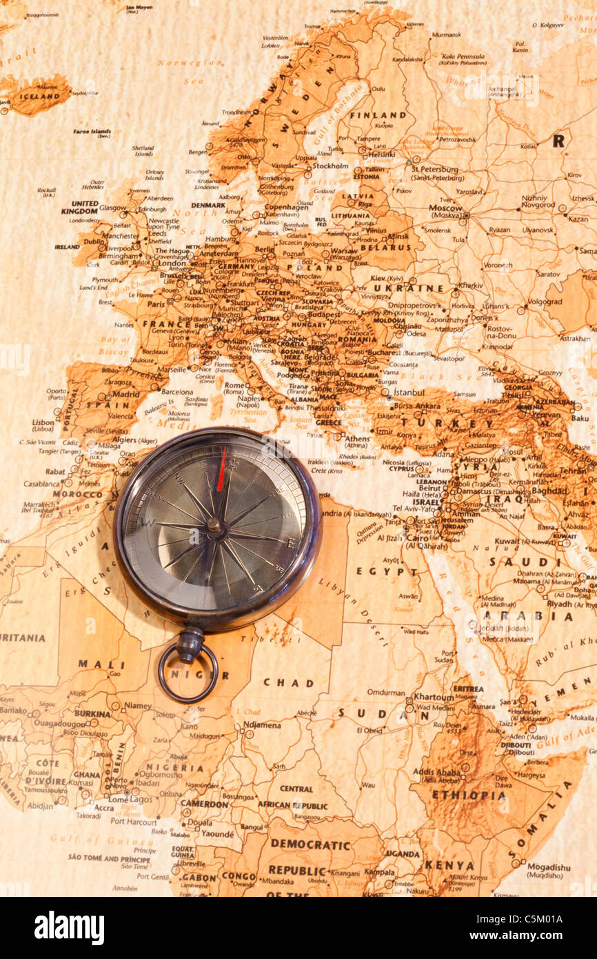 World map with compass showing North Africa and Europe Stock Photo Alamy