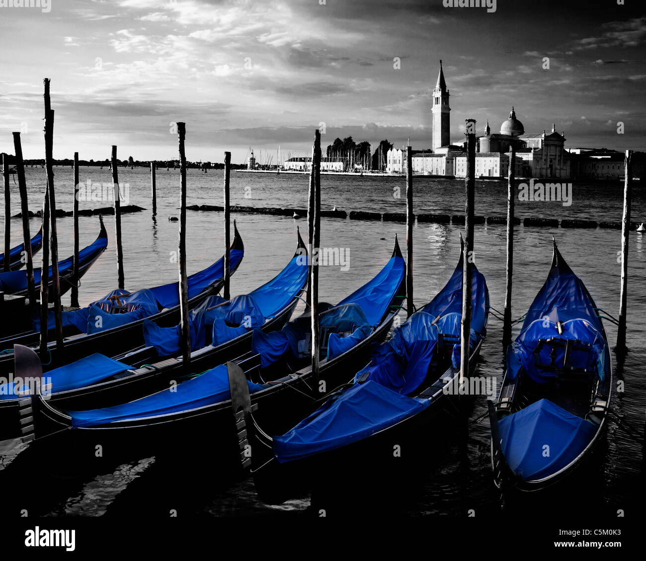 Venice showing monochrome image of the Grand Canal with desaturated gondolas Stock Photo