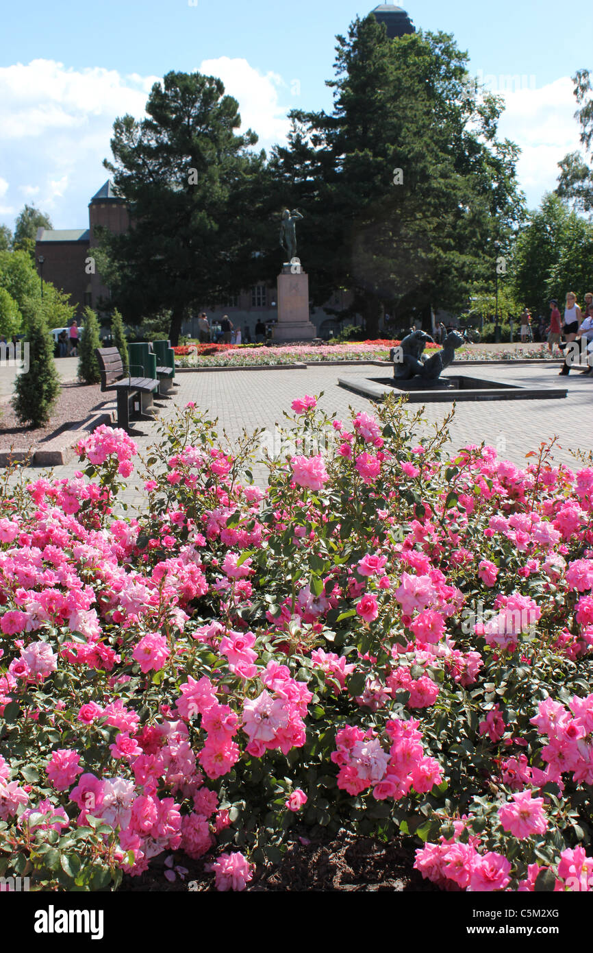 Pink flowers blooming in plaza of Joensuu, Finland Stock Photo