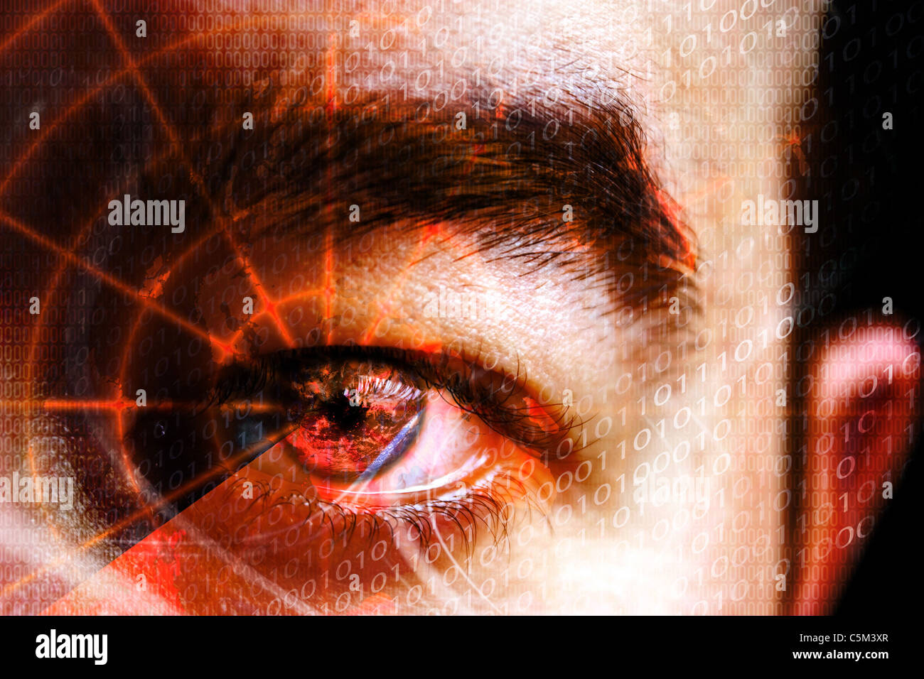 Abstract montage of a mans eye with a radar grid overlaying the pupil. Shallow depth of field. Great concept for cyber crime Stock Photo