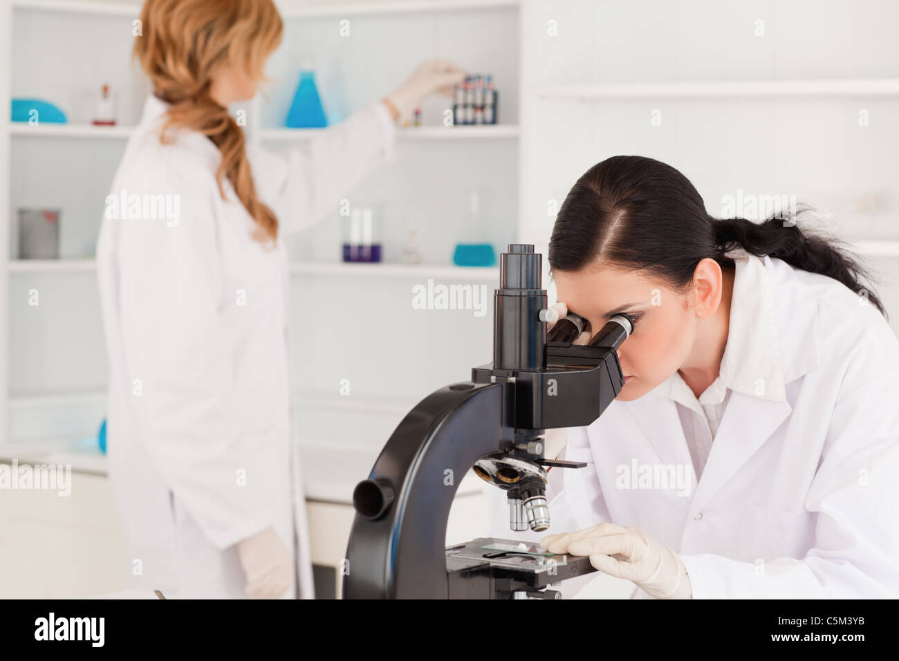 Dark-haired scientist using a microscope with her assistant Stock Photo