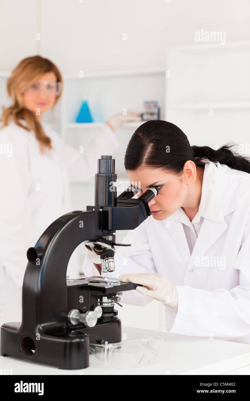 Two female scientists working with a microscope Stock Photo