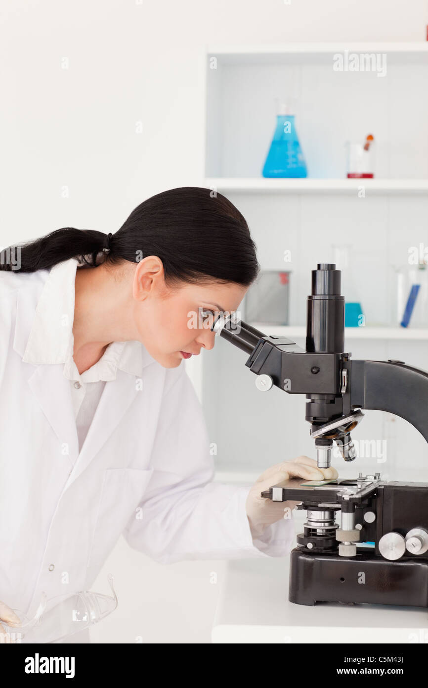 Dark-haired female scientist looking through a microscope Stock Photo