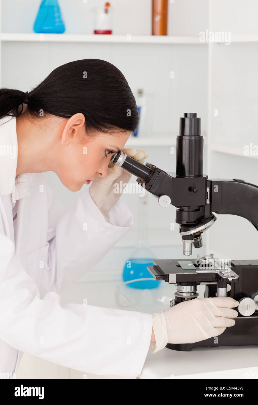 Dark-haired female looking through a microscope Stock Photo