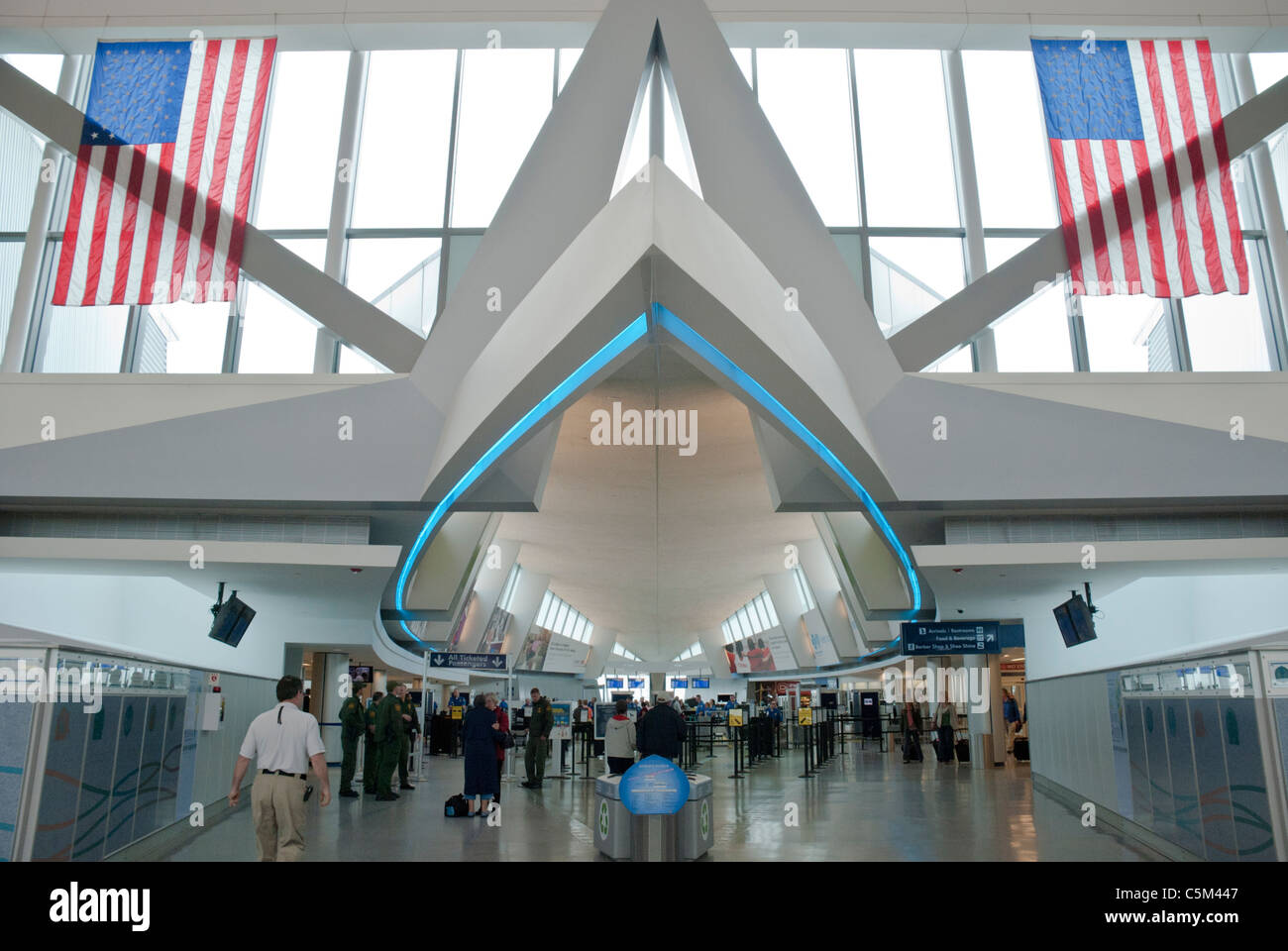 A corridor at the Buffalo Airport resembles the fuselage of an airplane. Stock Photo