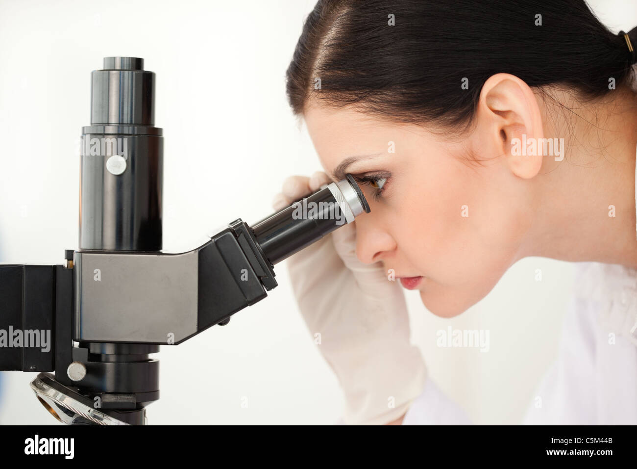 Scientist looking through a microscope in a lab Stock Photo