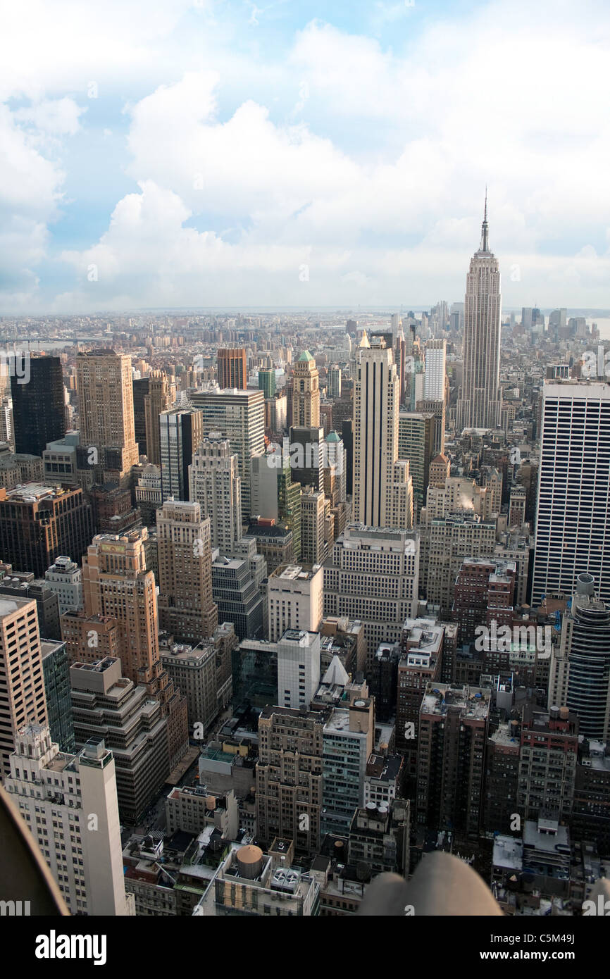 Vertical aerial view of the Manhattan section of New York City including all of the buildings and skyline. Stock Photo