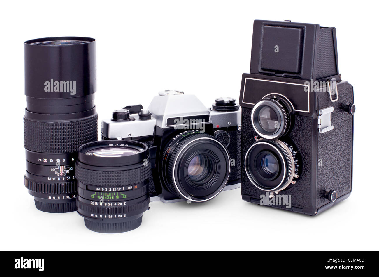 Soviet retro photo cameras and lenses isolated on white background Stock Photo