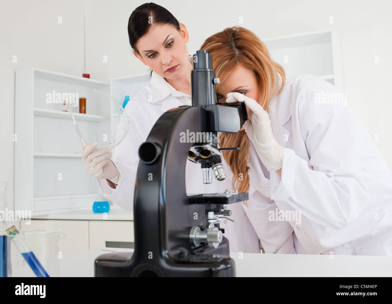 Two scientist women working with a microscope Stock Photo