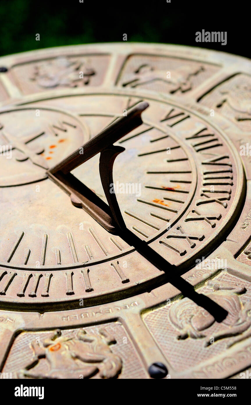 Sundial with Zodiac signs and figures surrounding Roman numeral times