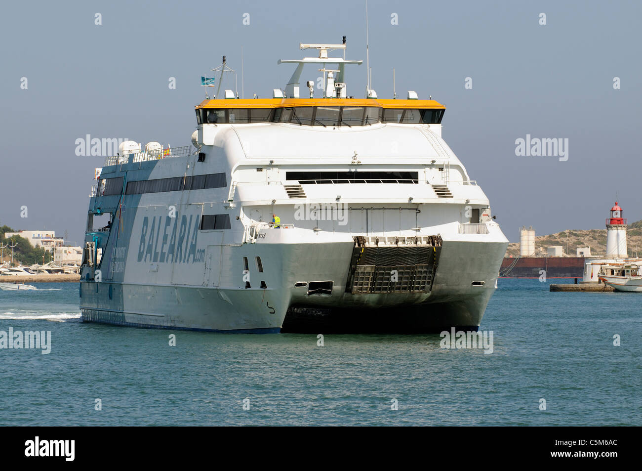 Fast Ferry the Nixe arriving Eivissa Port on the Spanish Island of Ibiza arriving from Formentera Stock Photo