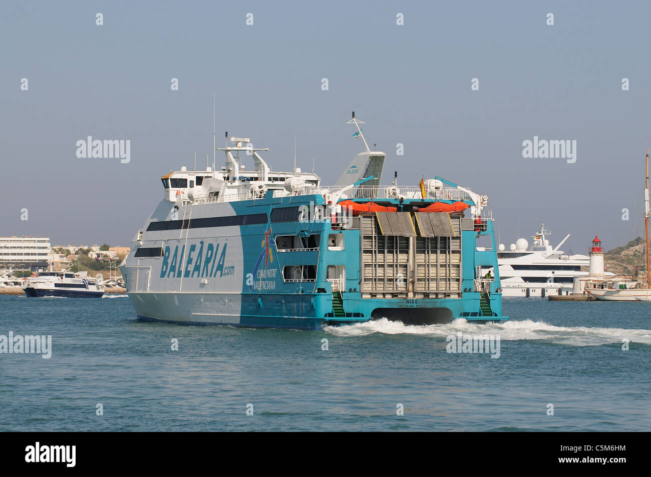 Fast Ferry the Nixe departing Eivissa Port on the Spanish Island of Ibiza and bound for Formentera Stock Photo