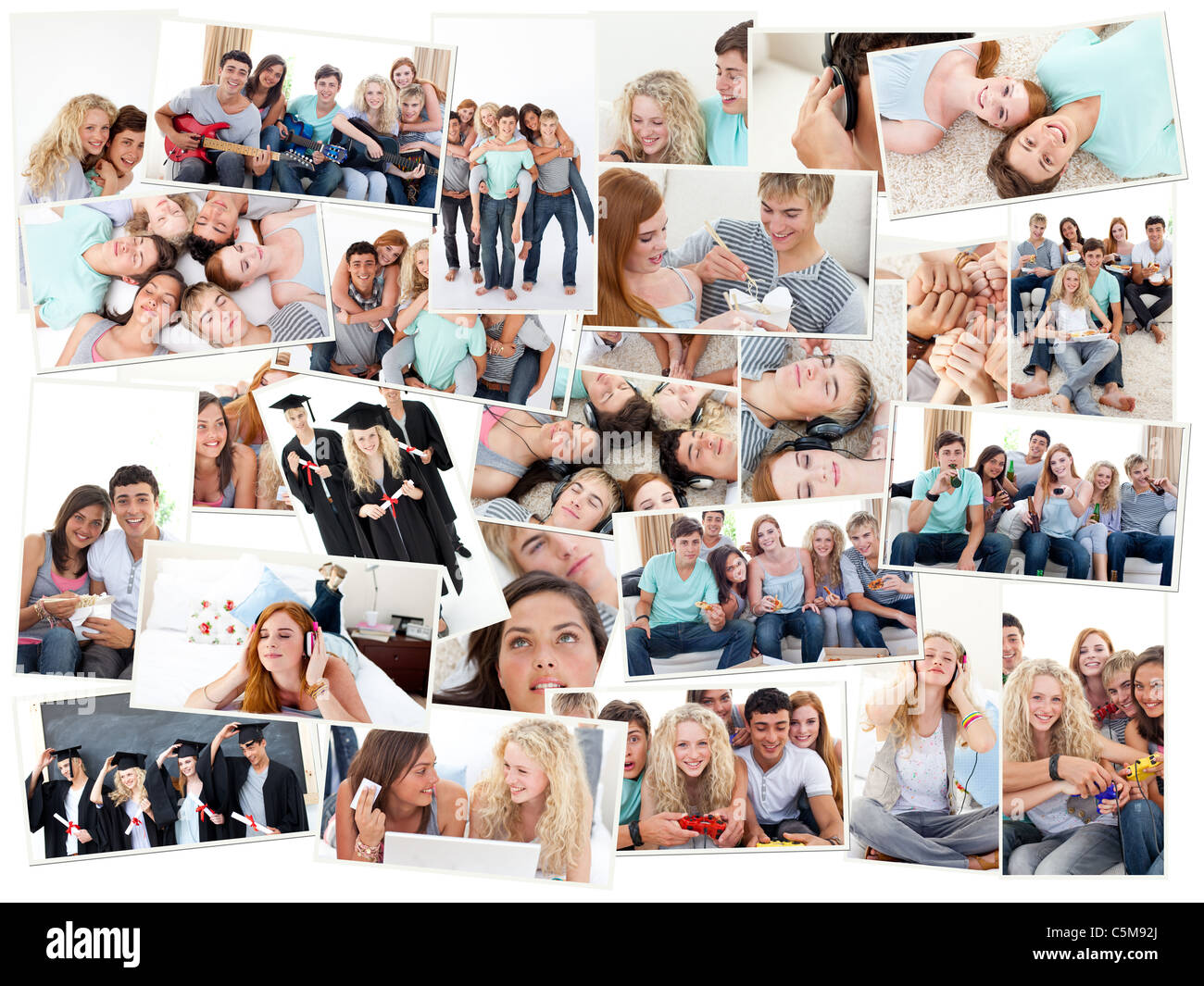 Collage of groups of young people having fun together Stock Photo