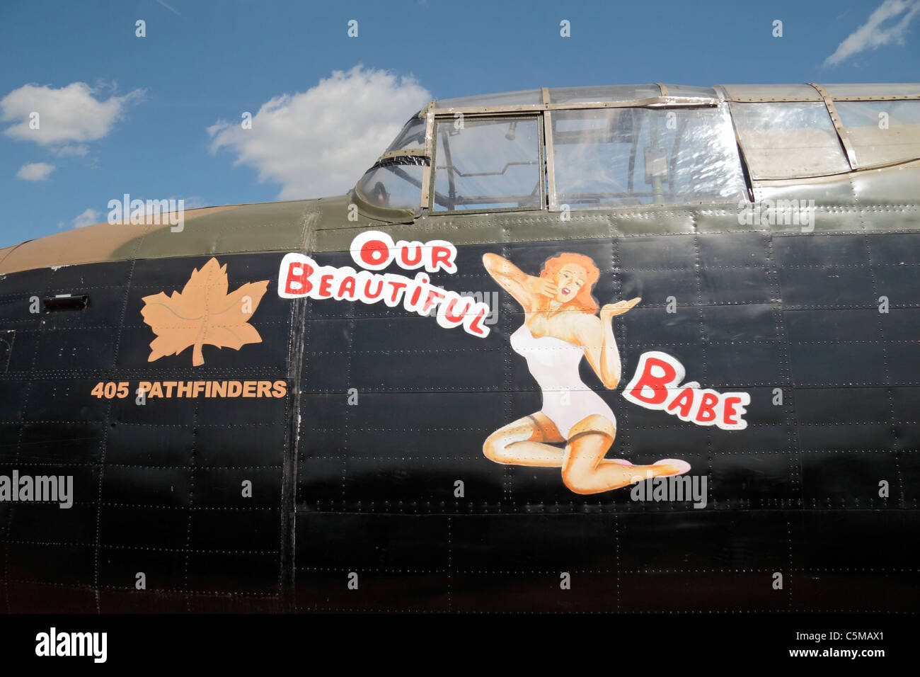 Artwork on the side of an Avro Lancaster (405 Pathfinders) at the 2011 War & Peace Show at Hop Farm, Paddock Wood, Kent, UK. Stock Photo