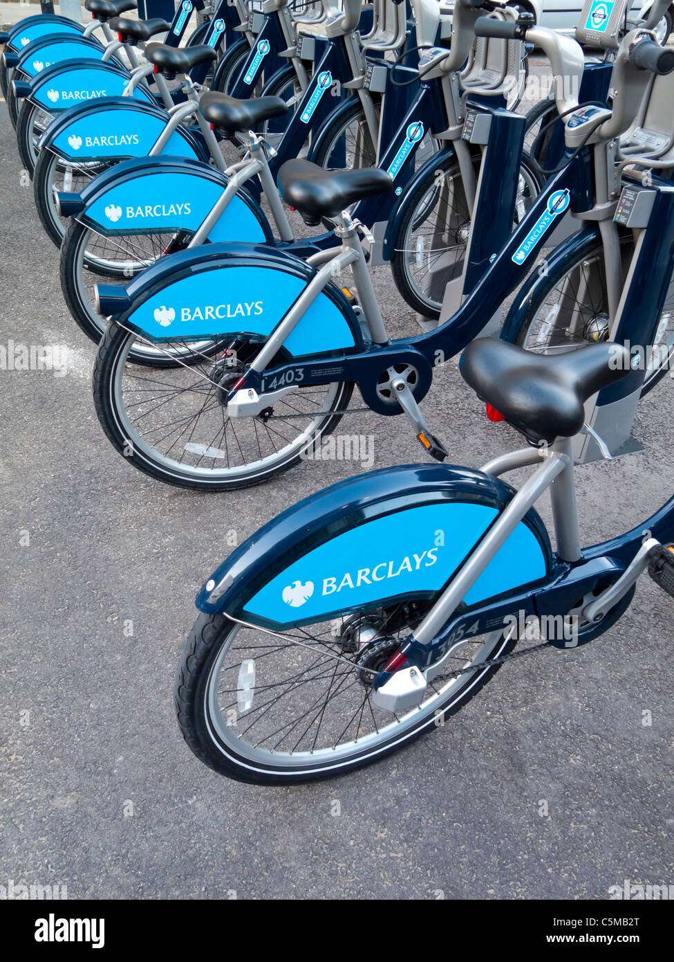 Barclays Cycle Hire BCH bikes parked in London England where they are used as a public bicycle sharing scheme launched in 2010 Stock Photo