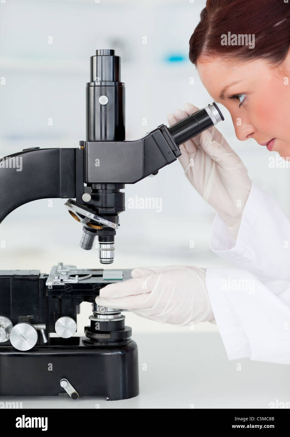 Beautiful red-haired scientist looking through a microscope Stock Photo