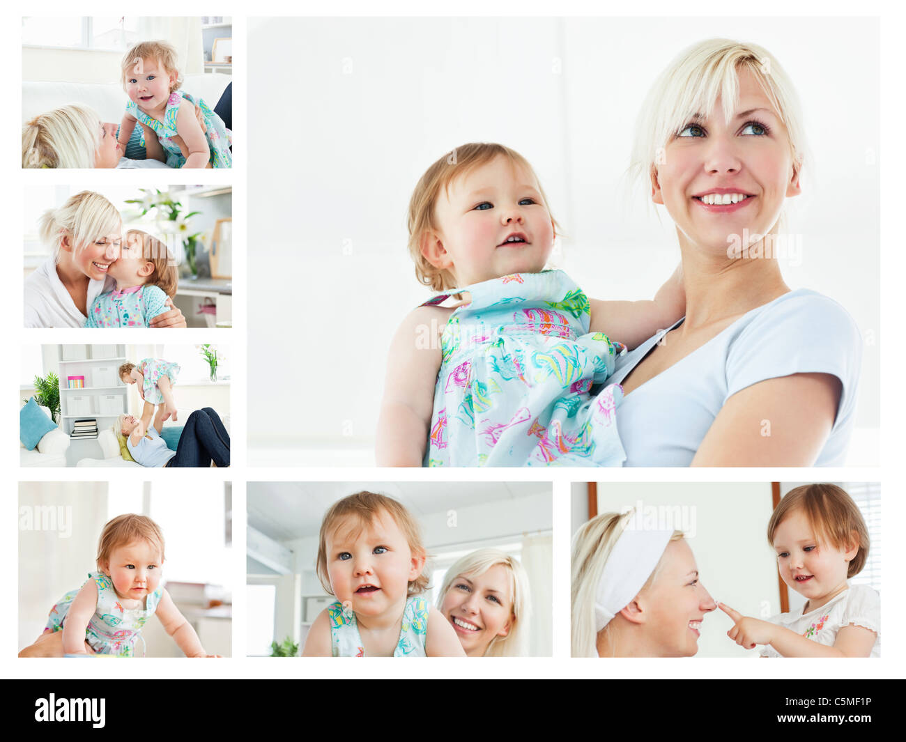 Collage of a blonde woman holding a baby in the living room Stock Photo