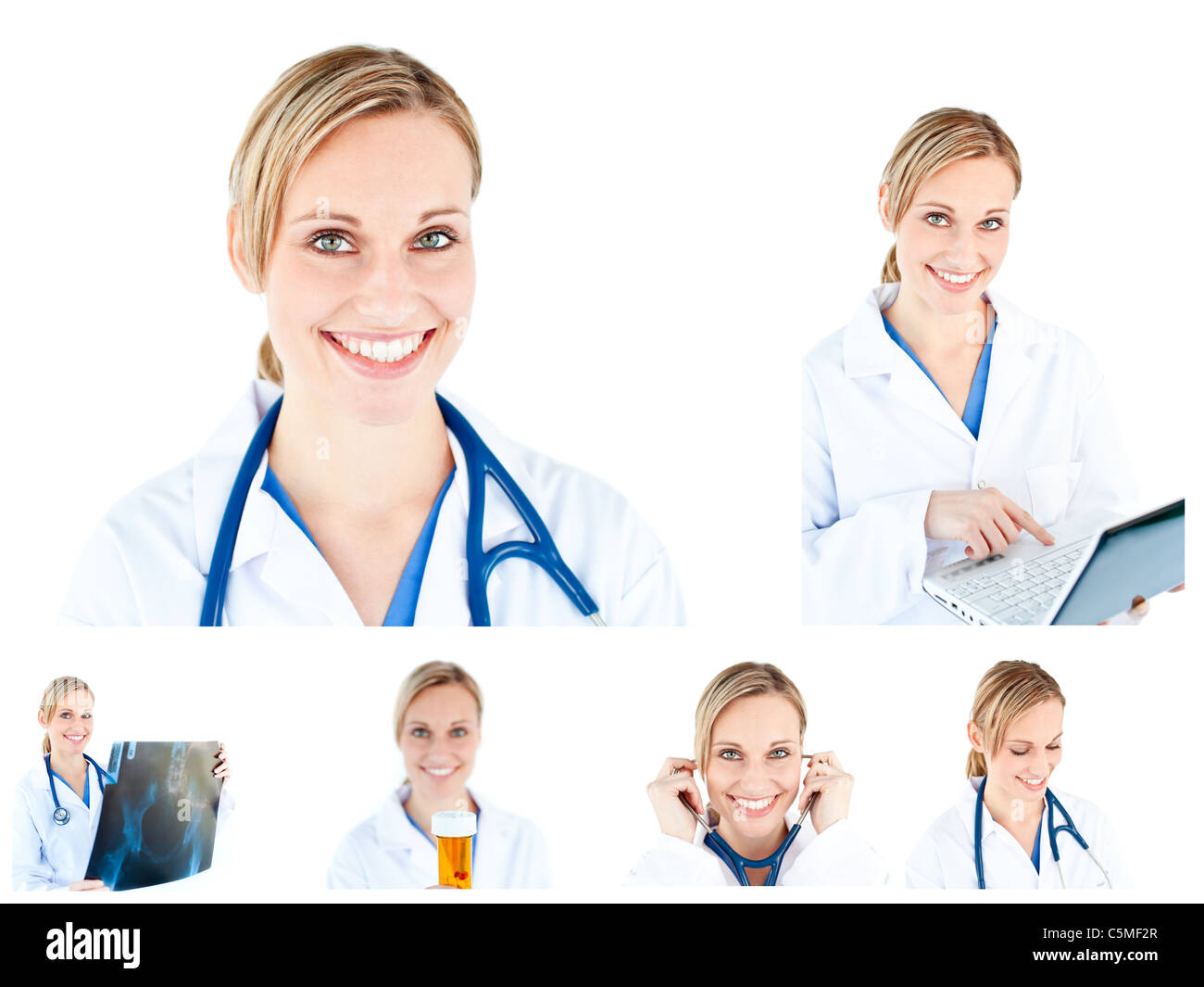 Collage of a female scientist using a stethoscope Stock Photo