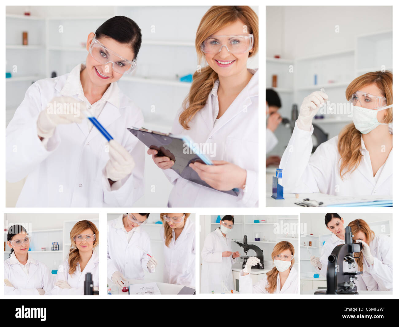 Collage of two female scientists doing experiments Stock Photo