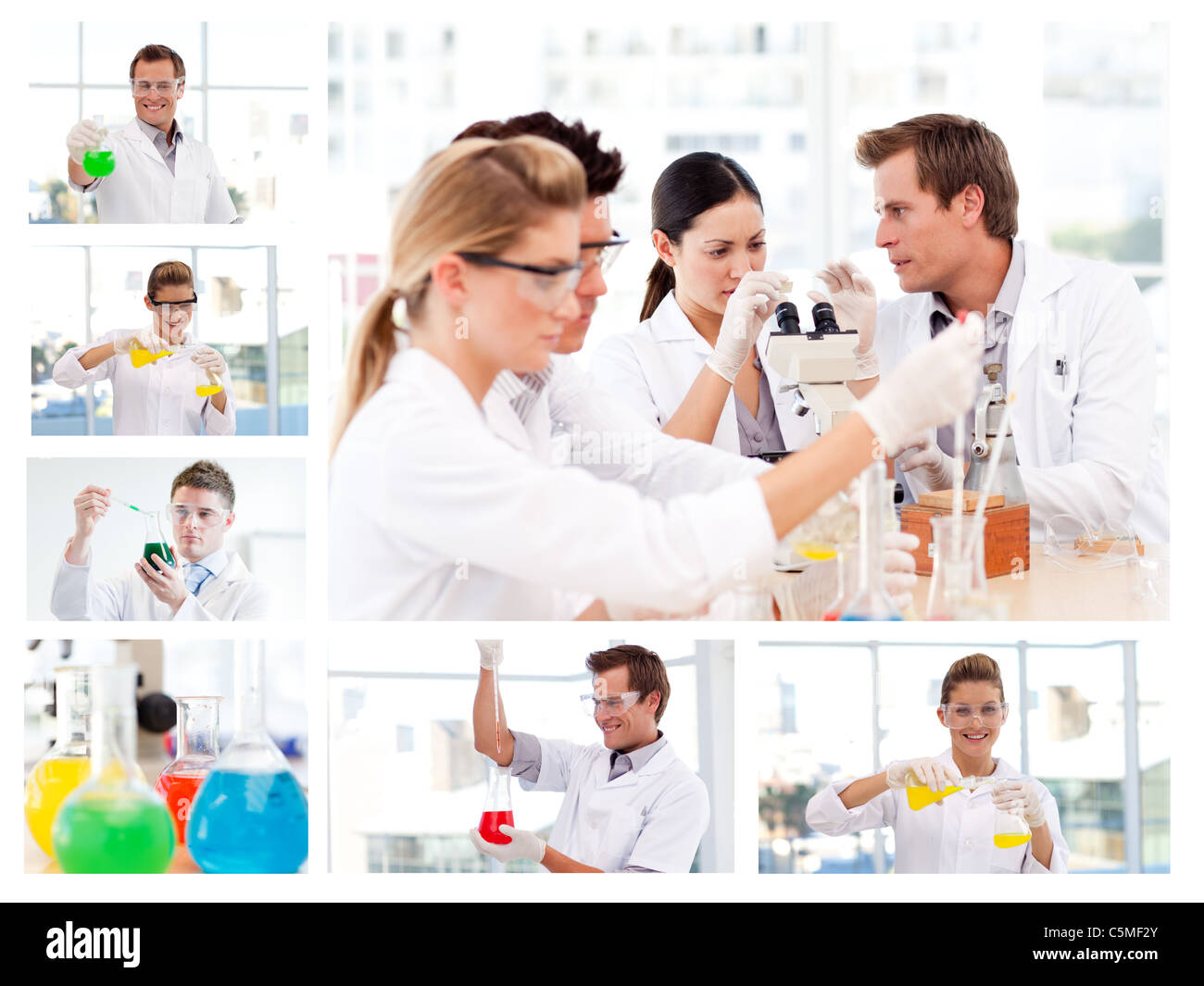 Collage of several scientists doing experiments Stock Photo