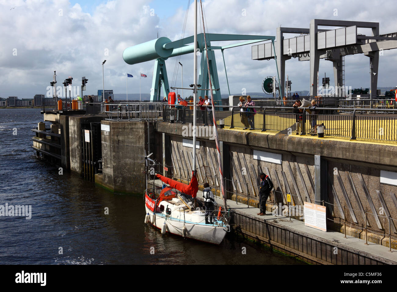 Sailing boat in lock, Cardiff Bay Barrage , Cardiff, South Glamorgan, Wales, United Kingdom Stock Photo