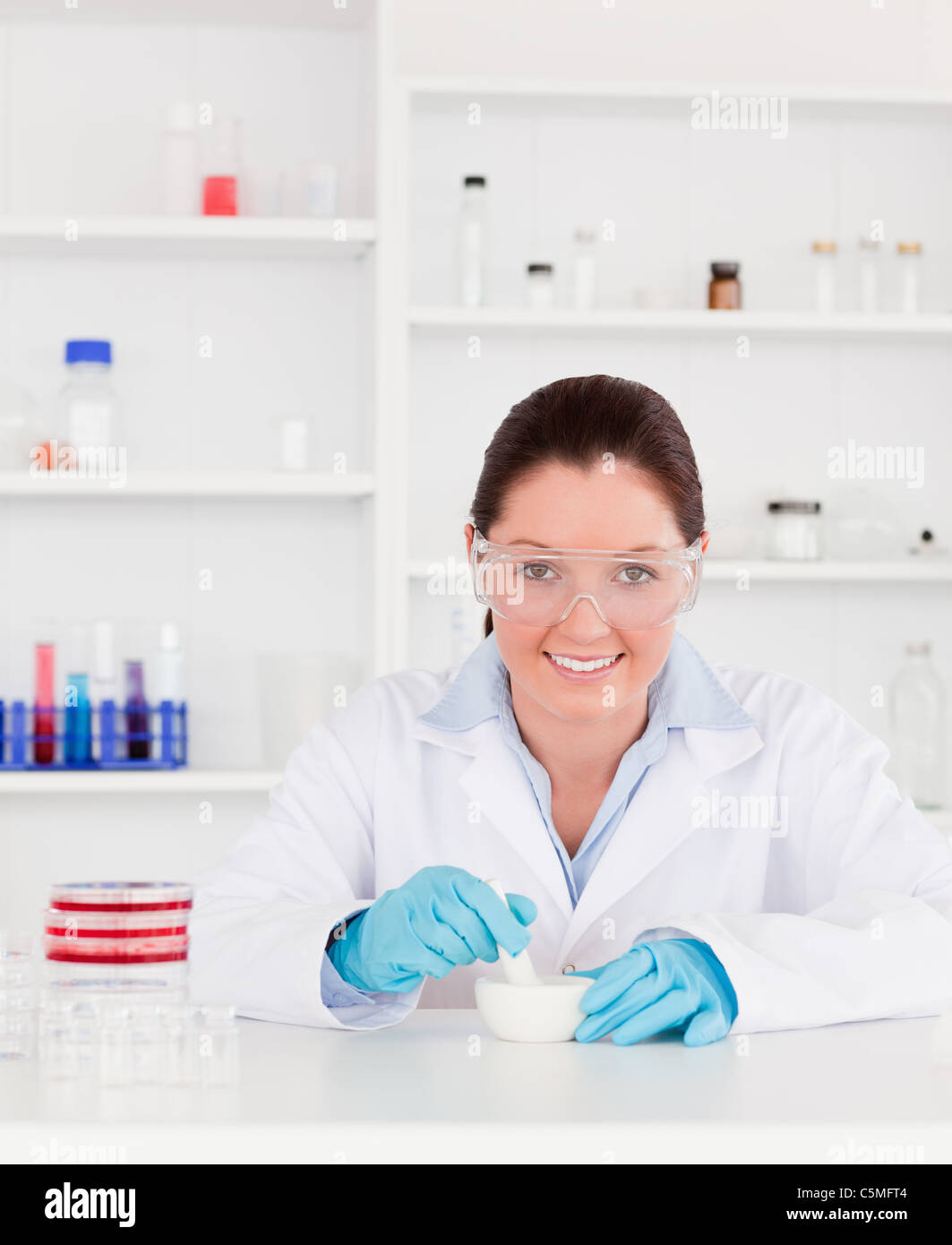 Smiling scientist preparing an experimentation Stock Photo