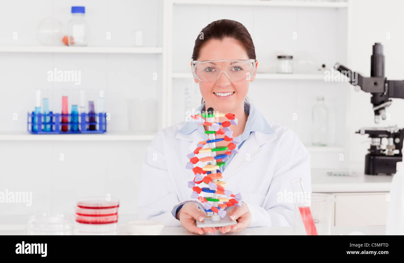 Beautiful scientist showing the dna double helix model Stock Photo