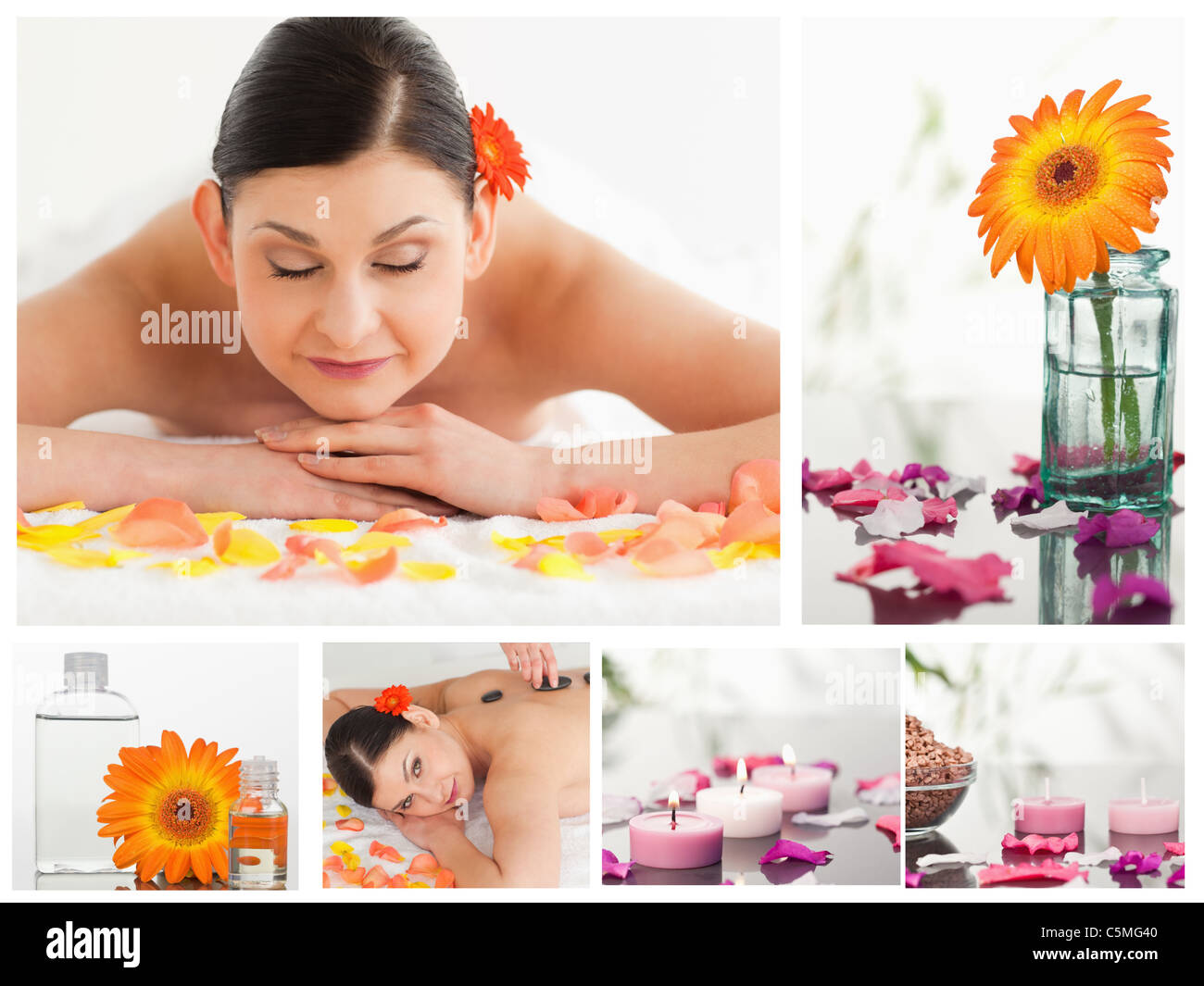 Collage of a beautiful woman relaxing while receiving a massage Stock Photo
