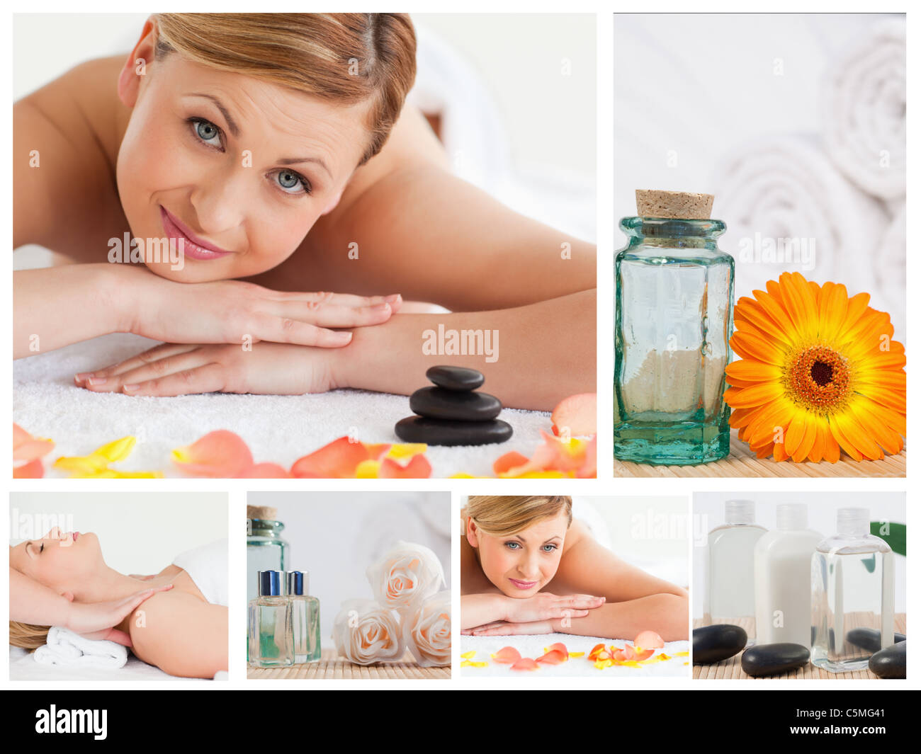 Collage of a pretty blond woman relaxing Stock Photo