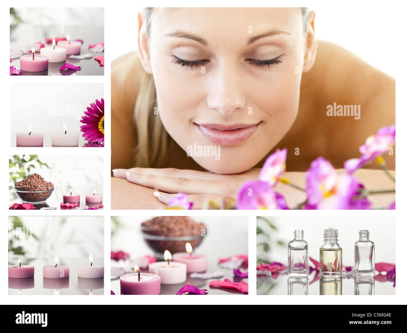 Collage of a beautiful blond woman relaxing Stock Photo