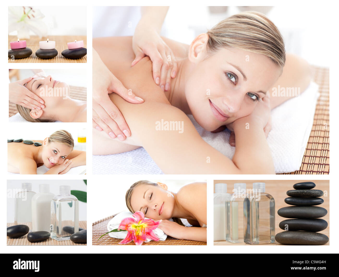 Collage of a beautiful blond woman receiving a massage Stock Photo