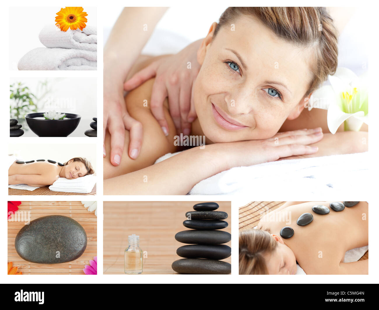 Collage of a good looking blond woman relaxing Stock Photo